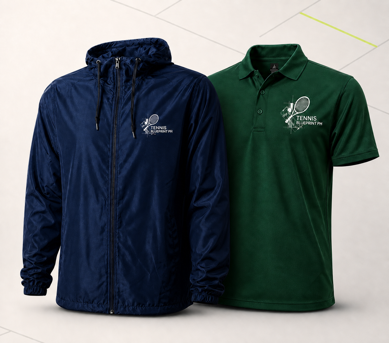 Tennis Blueprint PH navy court jacket and green polo shirt